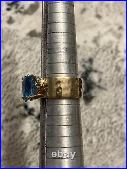Custom 14k/585 James Avery Blue Topaz Hammered Band Ring Sz 8, 13.6g