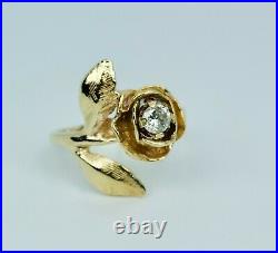 James Avery 14k Yellow Gold Round Diamond Flower Rose And Leaf Ring Size 5.75