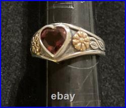 James Avery Garnet Heart 14k Gold Sterling Silver Ring Flowers Size 5.75 Retired