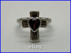 James Avery Garnet Heart Cross Sterling Silver Ring Sz 6