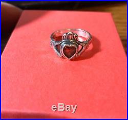 James Avery Rare Retired Sterling Silver Claddagh Garnet Heart Ring -Size 6.5