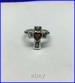 James Avery Sterling Silver Cross with Heart Garnet Ring Size 4 Retired