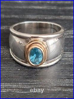 Retired James Avery 18k Gold Sterling Silver Engraved Christina Blue Topaz Ring