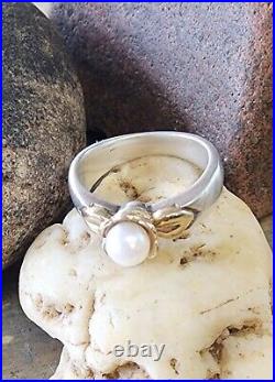 Retired James Avery Pearl with 14kt Gold Leaf Buttercup Setting. 925 Ring NEAT