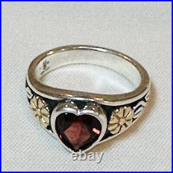 Retired James Avery Sterling Silver Ring Garnet Heart 14k/585 Gold Flowers Sz 5
